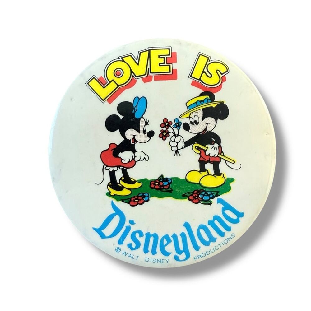 Rare 1970s Love Is Disneyland Pinback Button Mickey Mouse Minnie Mouse